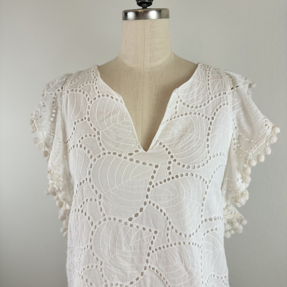 Lilly Pulitzer Blouse Astara Palm Tree Eyelet Ruffle Pom Pom Top White XS Preppy - Picture 5 of 10